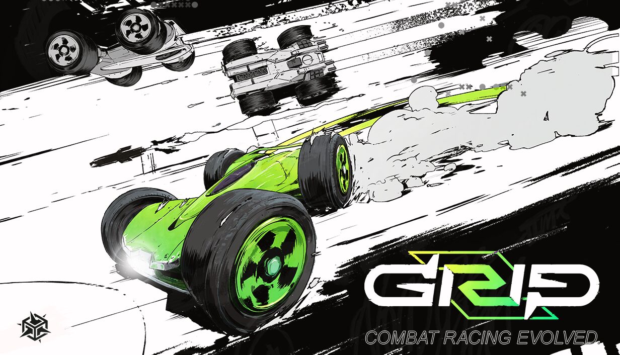 Voiture verte de GRIP 2 : Combat Racing Evolved et logo du jeu