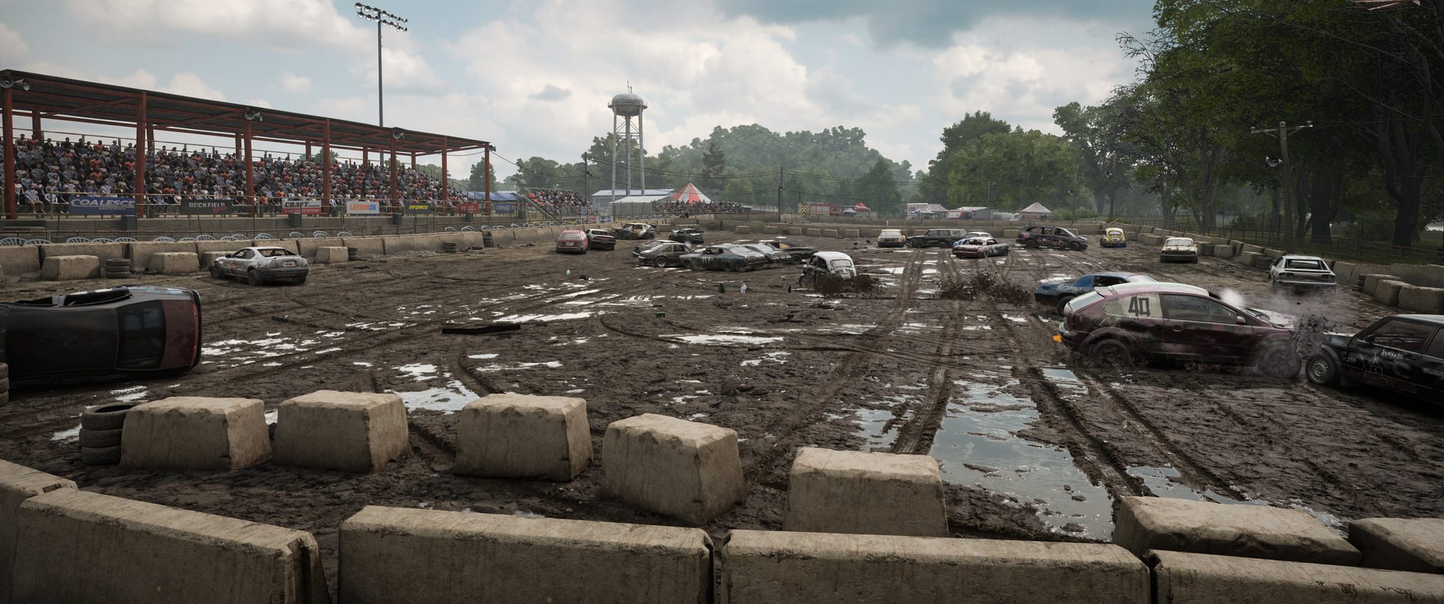L'arène de demolition derby de Hogtown dans Wreckfest 2, sur un terrain boueux