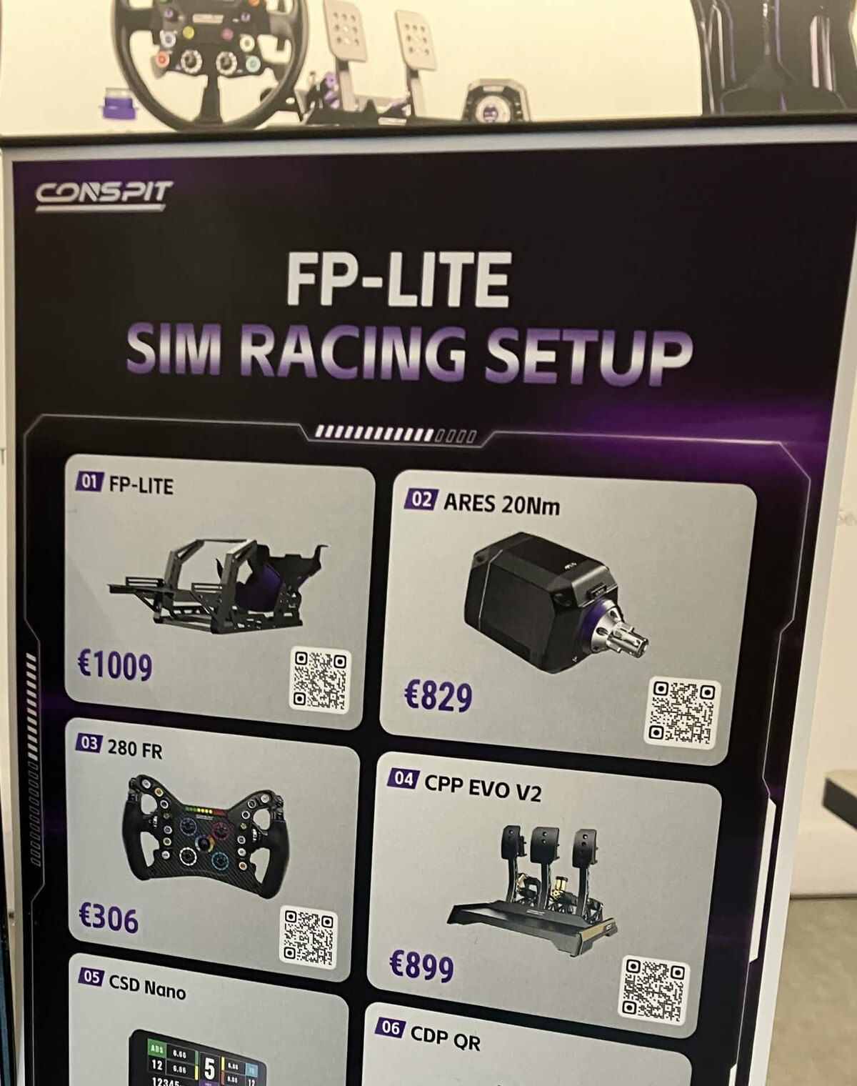 L'affiche du stand Conspit avec les prix du setup FP-Lite : cockpit à 1 009 €, Ares 20 Nm à 829 €, 280FR à 306 €