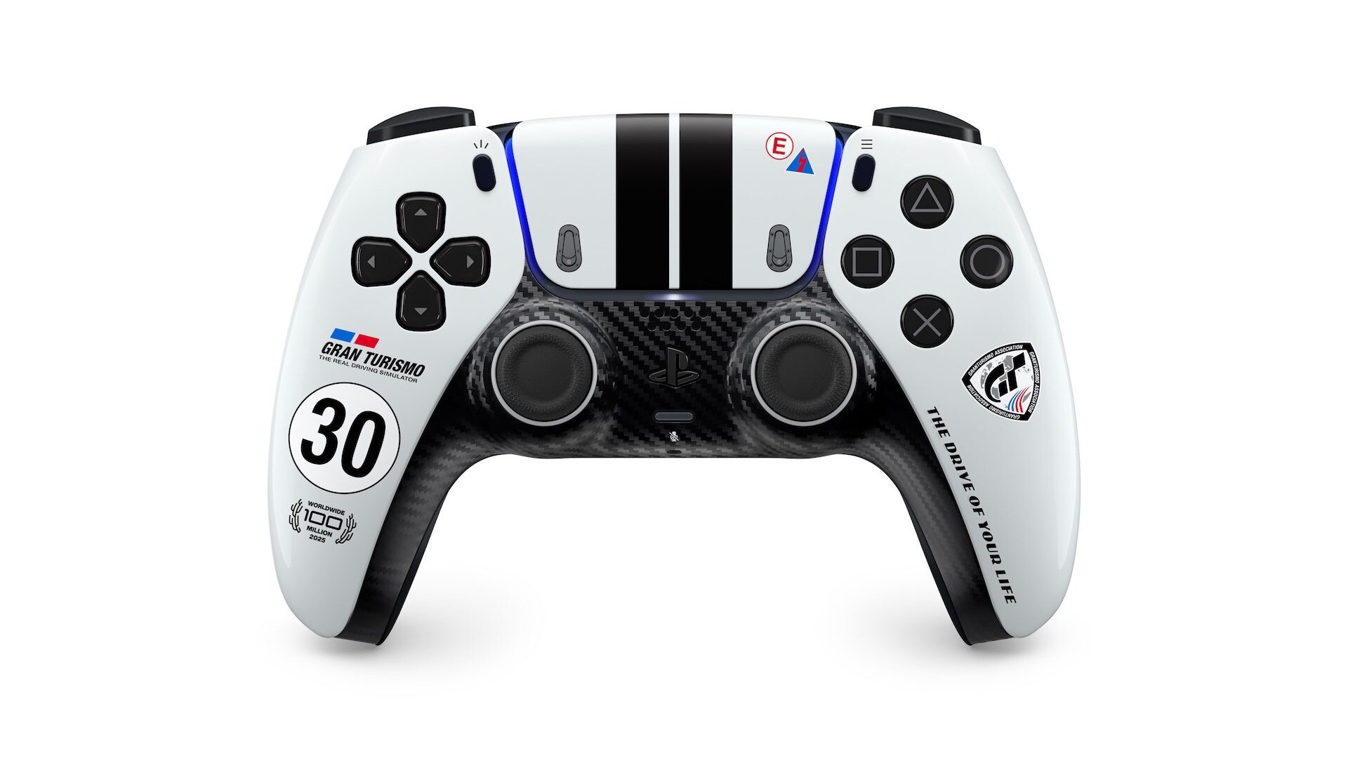 La manette DualSense Gran Turismo Limited Edition, blanche à bandes noires avec une façade façon carbone et le numéro 30