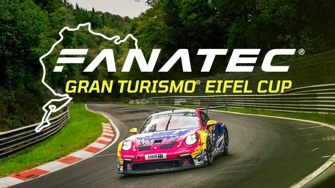 Visuel officiel de la Fanatec Gran Turismo Eifel Cup 2026, avec une Porsche 911 aux couleurs de Fanatec et de Gran Turismo en virage