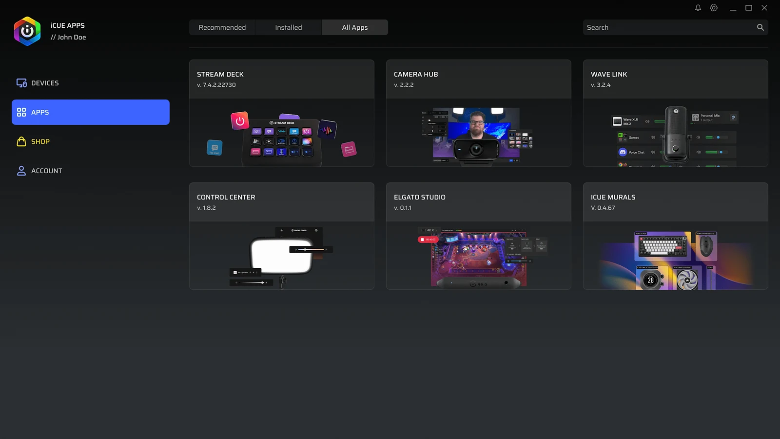 Fanatec iCUE : l'onglet Apps d'iCUE Apps (bêta) avec Stream Deck, Camera Hub, Wave Link, Control Center, Elgato Studio et iCUE Murals