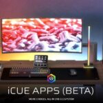 Fanatec iCUE : le visuel Corsair de la bêta iCUE Apps, un bureau gaming avec clavier, Stream Deck, casque, écran et PC éclairés