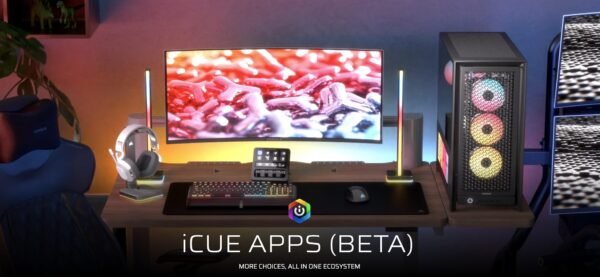 Fanatec iCUE : le visuel Corsair de la bêta iCUE Apps, un bureau gaming avec clavier, Stream Deck, casque, écran et PC éclairés