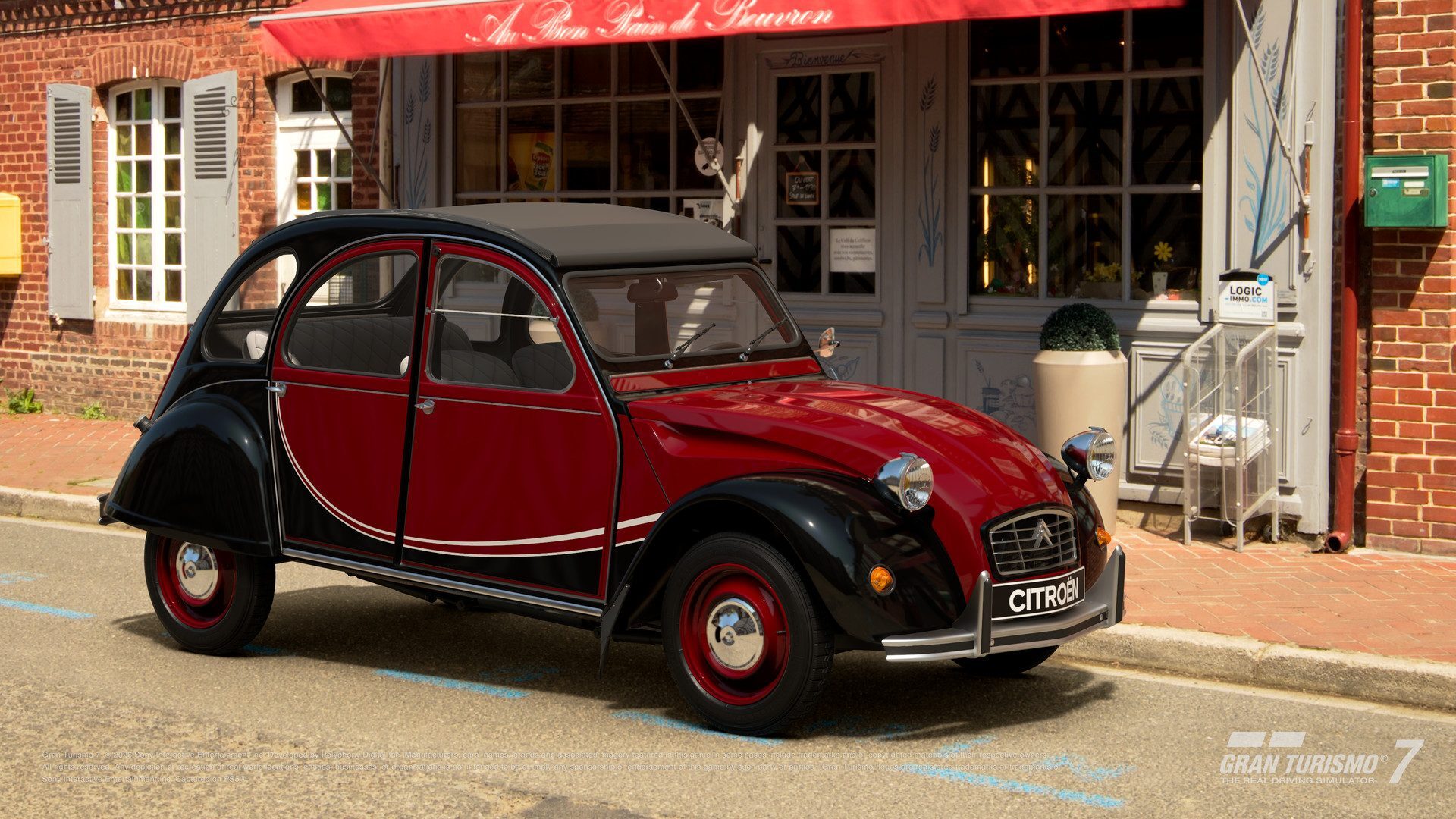 La Citroën 2 CV 6 Charleston '86 garée devant une boutique dans Gran Turismo 7