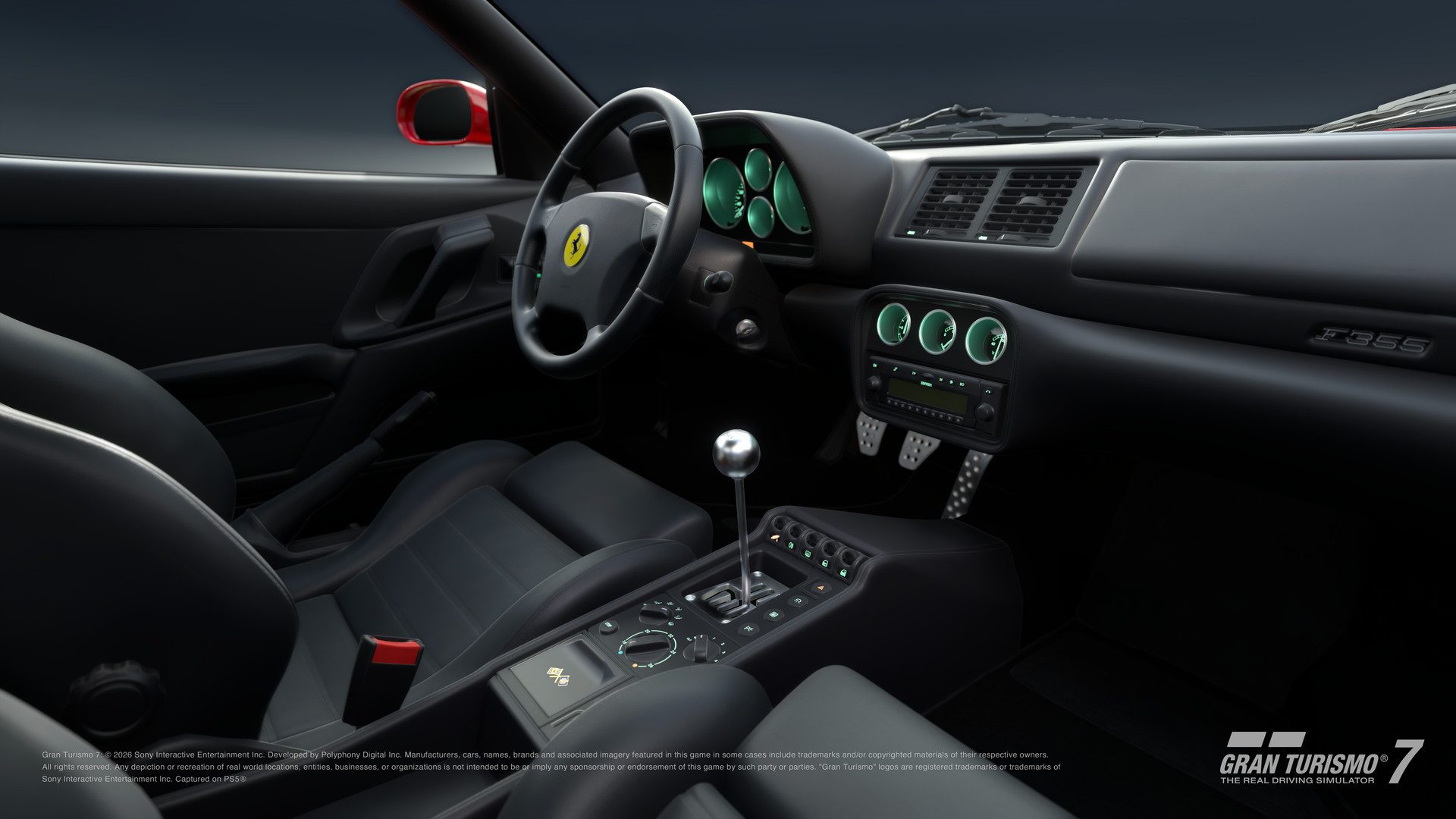 L'habitacle de la Ferrari F355 Berlinetta '94 et sa grille de boîte manuelle