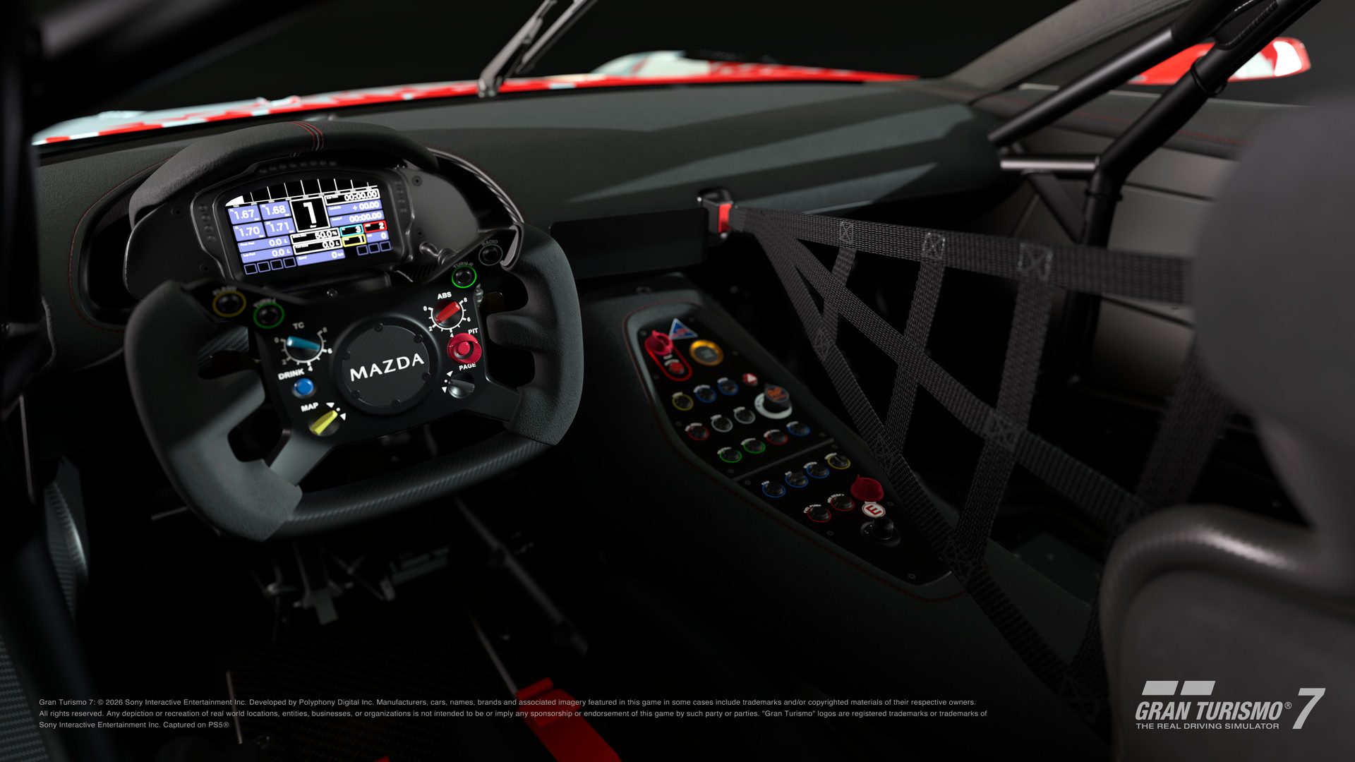 Le volant et le tableau de bord de la Mazda RX-VISION GT3 EVO '26 dans Gran Turismo 7