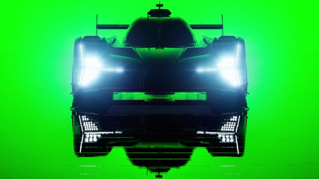 Teaser Rennsport de la Lamborghini SC63 : silhouette phares allumés sur fond vert