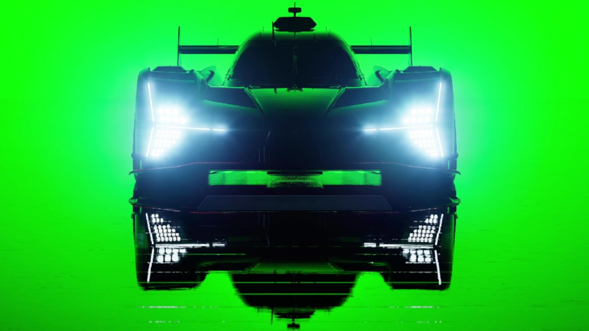 Teaser Rennsport de la Lamborghini SC63 : silhouette phares allumés sur fond vert