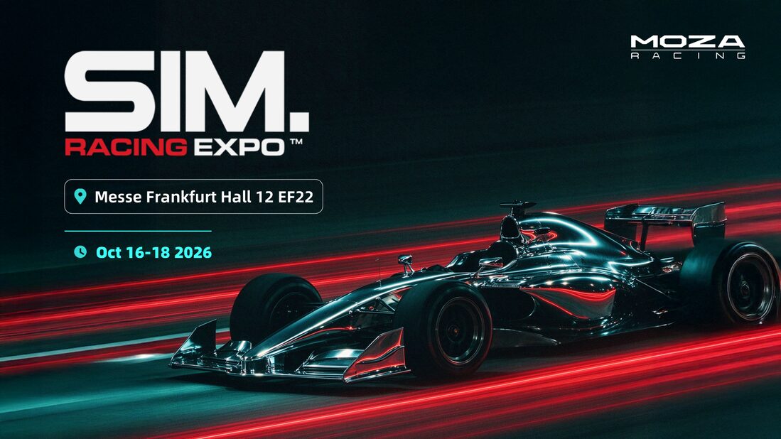 Visuel Moza Racing pour la SimRacing Expo 2026 : hall 12 de la Messe Frankfurt, stand EF22, du 16 au 18 octobre
