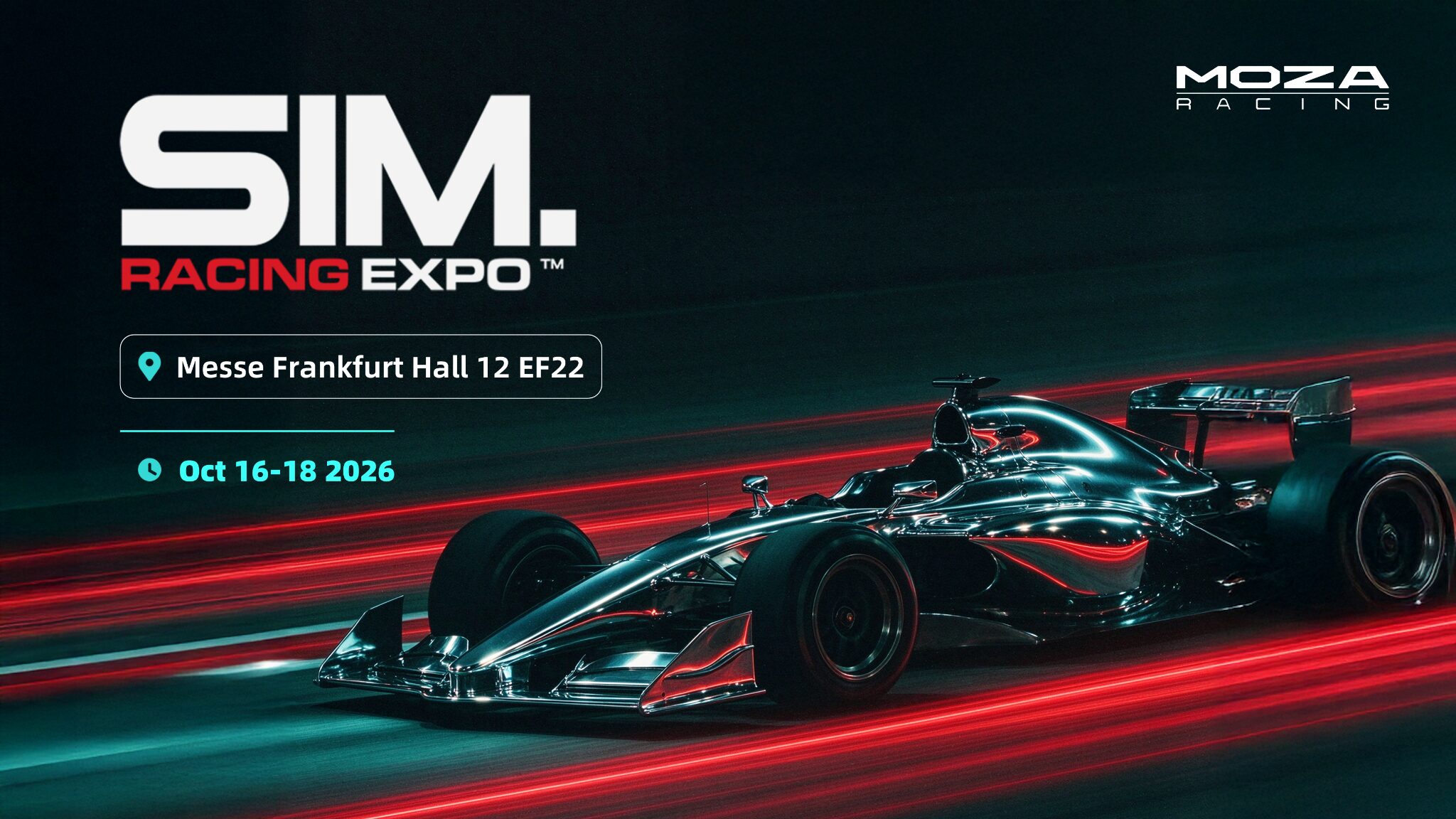 Visuel Moza Racing pour la SimRacing Expo 2026 : hall 12 de la Messe Frankfurt, stand EF22, du 16 au 18 octobre