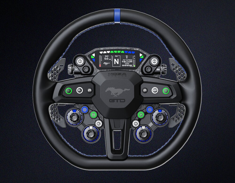 Façade du volant Moza Mustang GTD sous licence Ford, avec son écran de 2,99 pouces et ses rotatifs rétroéclairés