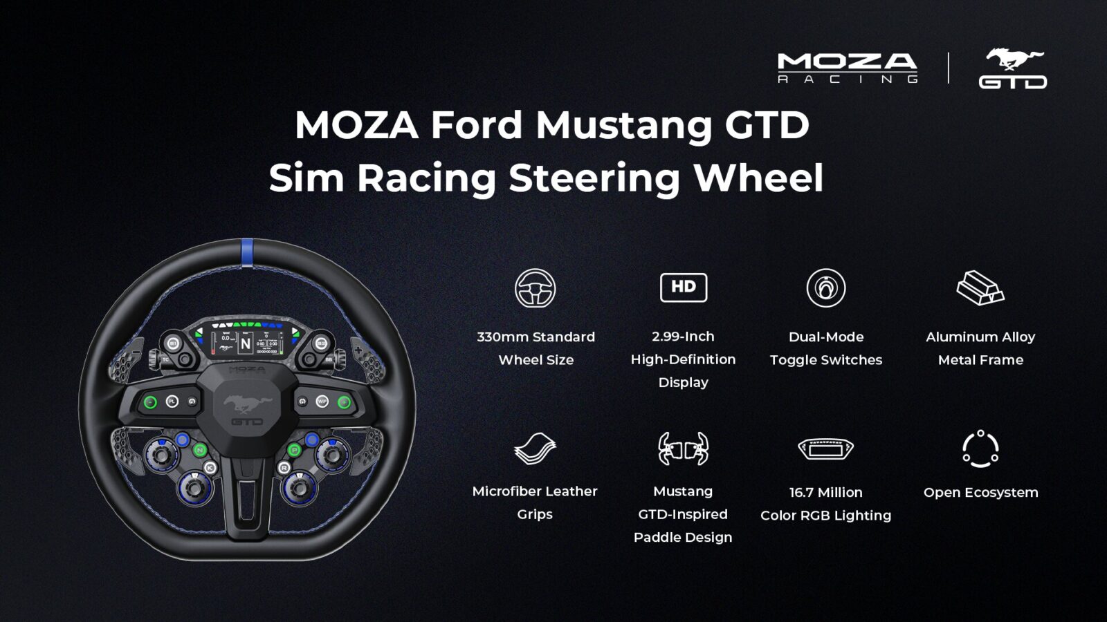 Le volant Moza Mustang GTD et ses principales caractéristiques, visuel officiel Moza Racing