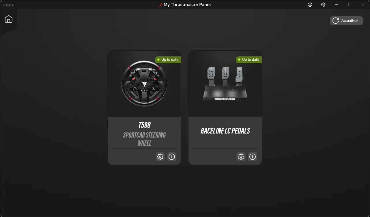 Écran d'accueil de My Thrustmaster Panel 2.0 avec un T598 et un pédalier Raceline LC