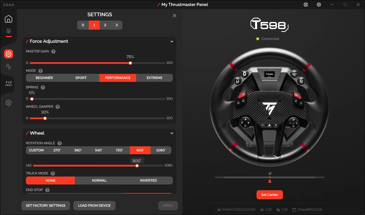 Onglet des réglages du T598 dans My Thrustmaster Panel 2.0, avec l'angle de rotation et le mode camion