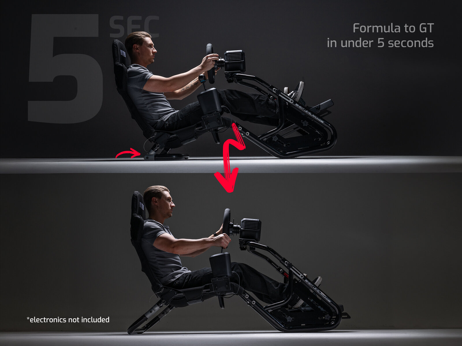 Le Next Level Racing F-GT Shift en position Formula, puis en position GT, sur un visuel de la marque