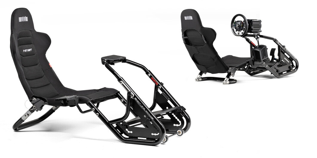 Le F-GT Shift nu au premier plan, et équipé d'une base et d'un volant en arrière-plan