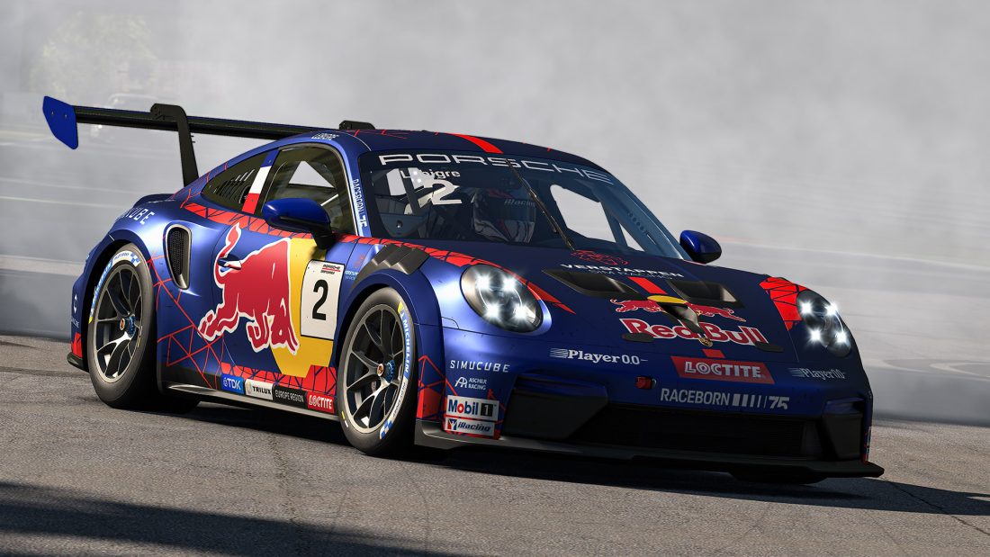 La Porsche 911 GT3 Cup n°2 de Florian Lebigre, champion de la Porsche Esports Supercup 2026, dans la fumée à Monza