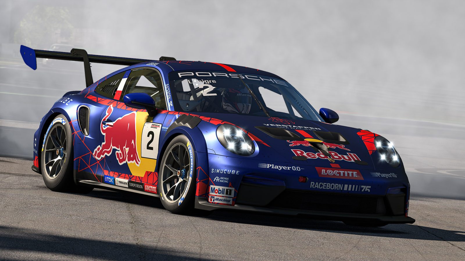 La Porsche 911 GT3 Cup n°2 de Florian Lebigre, champion de la Porsche Esports Supercup 2026, dans la fumée à Monza