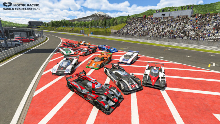 Les onze voitures du Project Motor Racing World Endurance Pack sur la grille de Fuji Speedway, le mont Fuji en arrière-plan