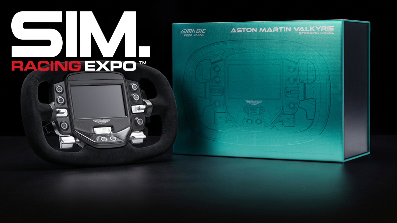 Volant Simagic Aston Martin Valkyrie posé à côté de son coffret vert Aston Martin, visuel officiel Simagic