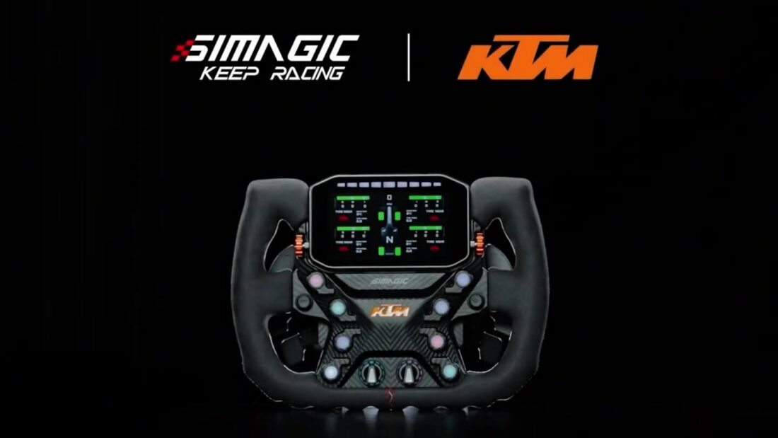 Volant Simagic KTM X-Bow GT2 de face, sous les logos Simagic et KTM
