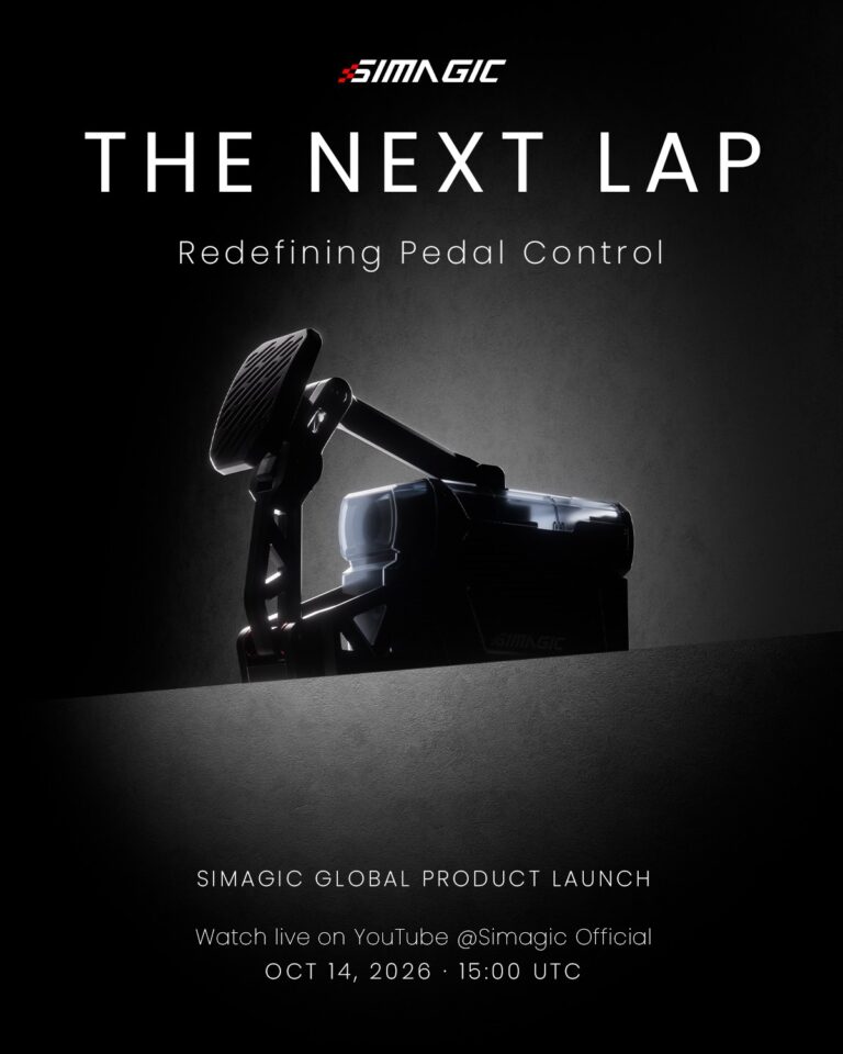 Visuel officiel Simagic The Next Lap du 12 octobre : une pédale en silhouette sur un boîtier, slogan Redefining Pedal Control, 14 octobre 2026 à 15:00 UTC