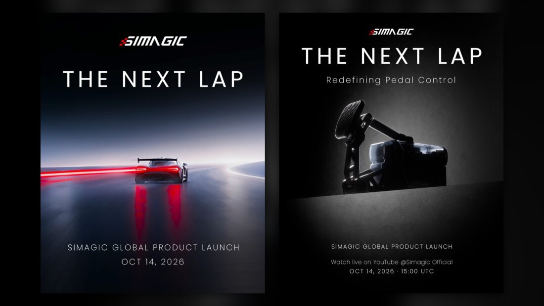 Les deux visuels officiels de Simagic The Next Lap : la date du 14 octobre 2026 et le teaser de pédale Redefining Pedal Control