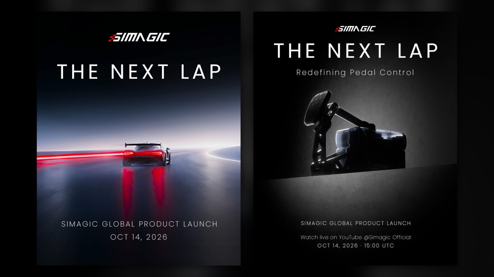 Les deux visuels officiels de Simagic The Next Lap : la date du 14 octobre 2026 et le teaser de pédale Redefining Pedal Control