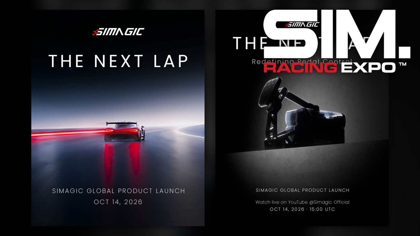 Les deux visuels officiels de Simagic The Next Lap : la date du 14 octobre 2026 et le teaser de pédale Redefining Pedal Control