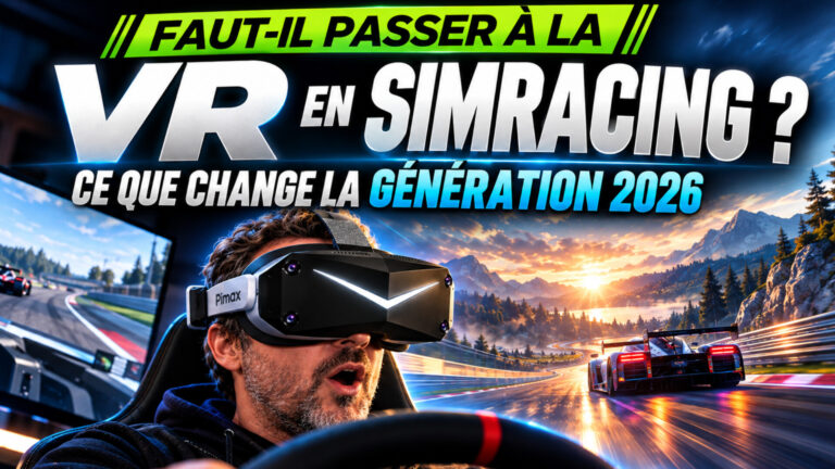 Un pilote équipé d’un casque Pimax, sous le titre « Faut-il passer à la VR en simracing ? »